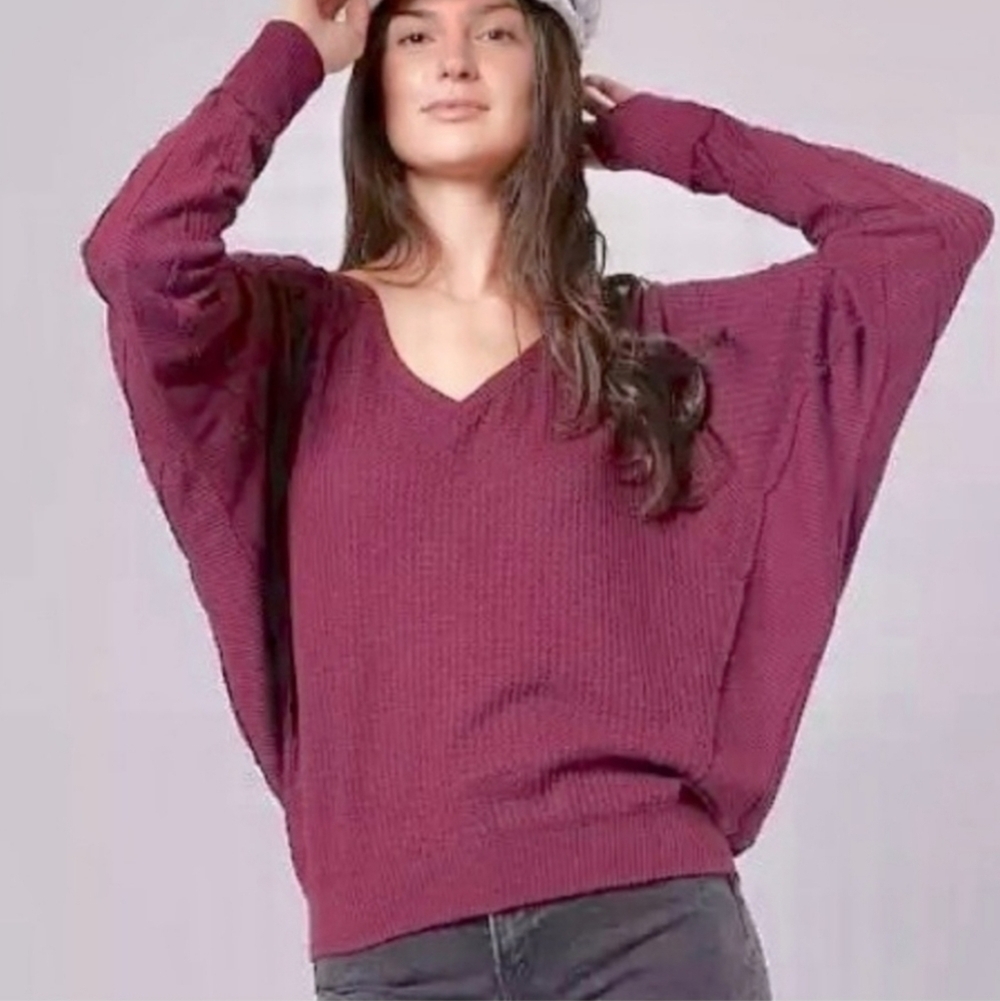 Free People Santa Clara Thermal Waffle Sweater Top Tunic Mulberry Purple. NEW!